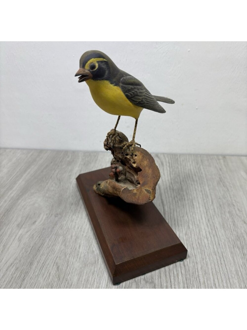 Wooden Hand Carved Canada Warbler Bird Statue Figurine on Log Home Decor